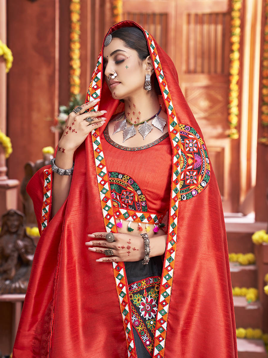 Myra Black Art Silk Gamthi Work Designer Lehenga