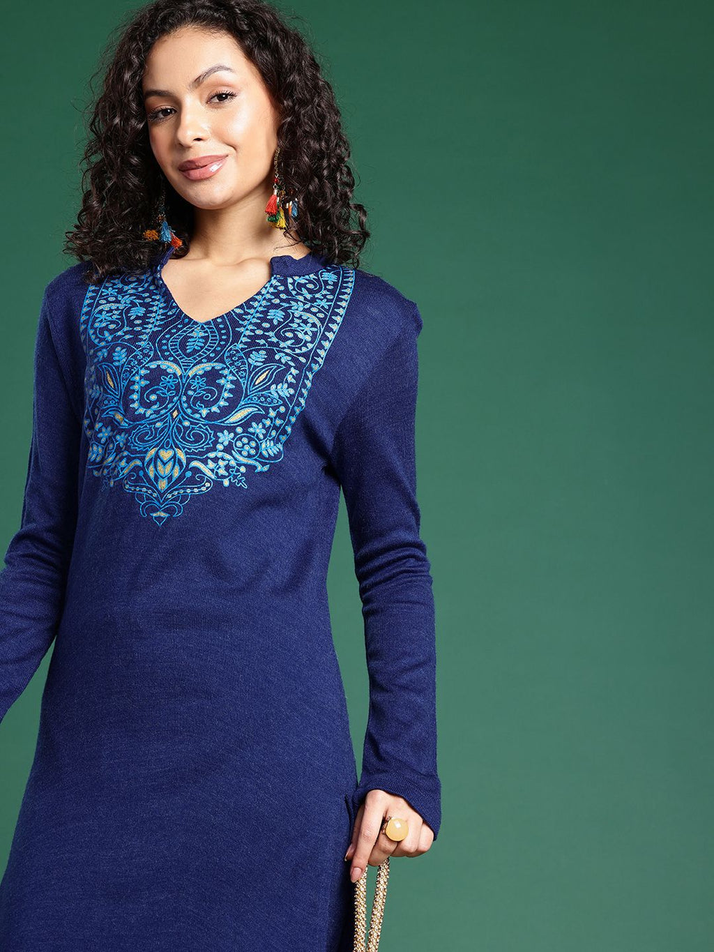 Sangria Floral Printed Mandarin Collar Kurta with Trousers