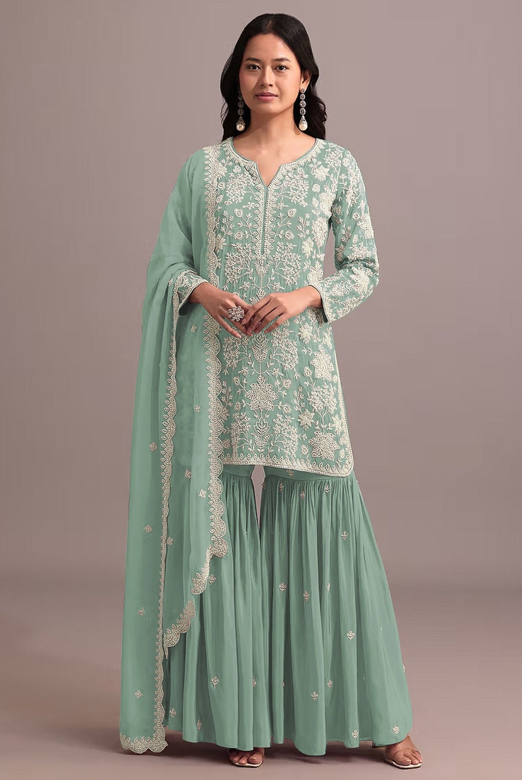 Anaita Green Embroidered Faux Georgette Sharara Suit - Distacart