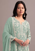 Anaita Green Embroidered Faux Georgette Sharara Suit - Distacart