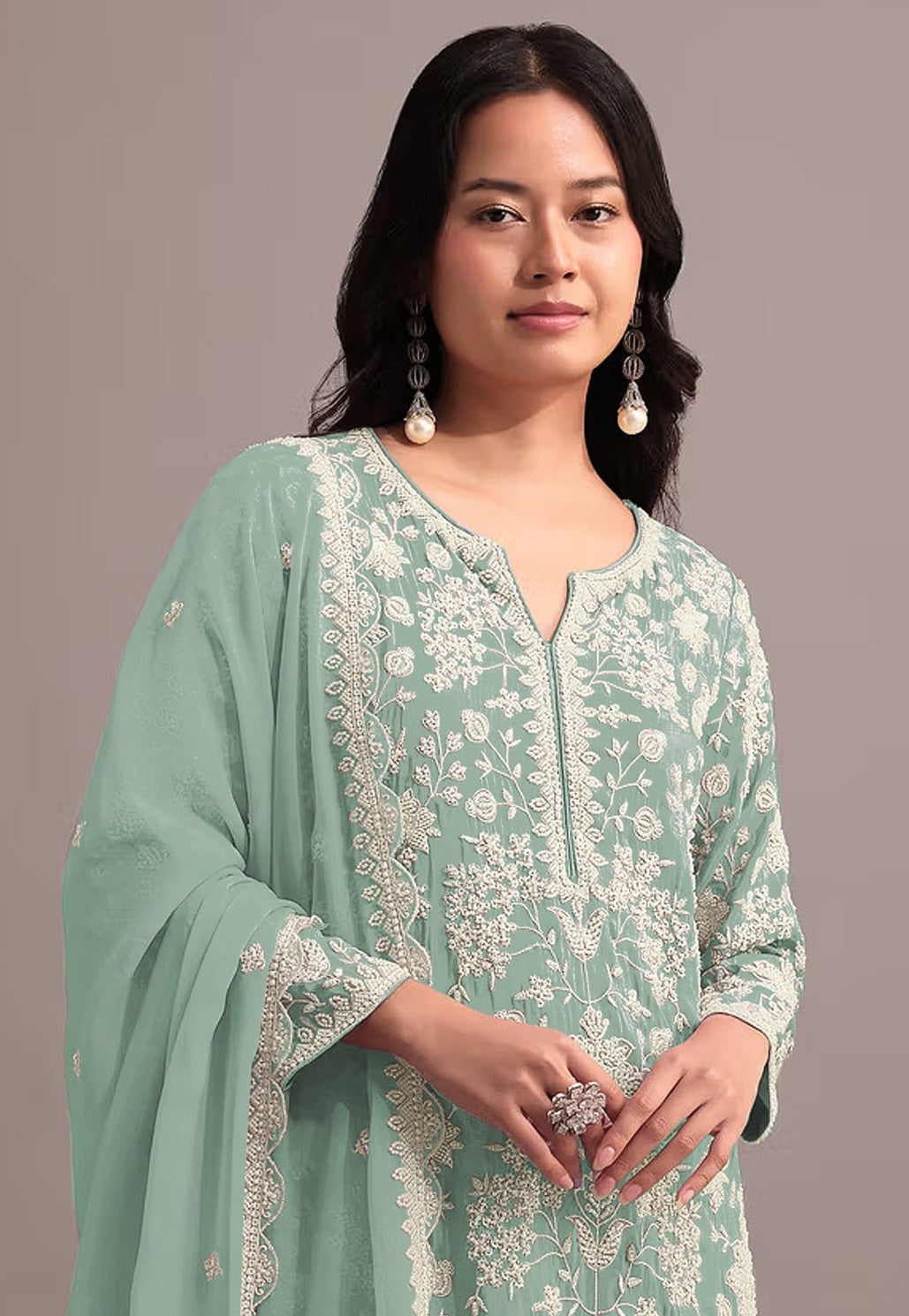 Anaita Green Embroidered Faux Georgette Sharara Suit - Distacart