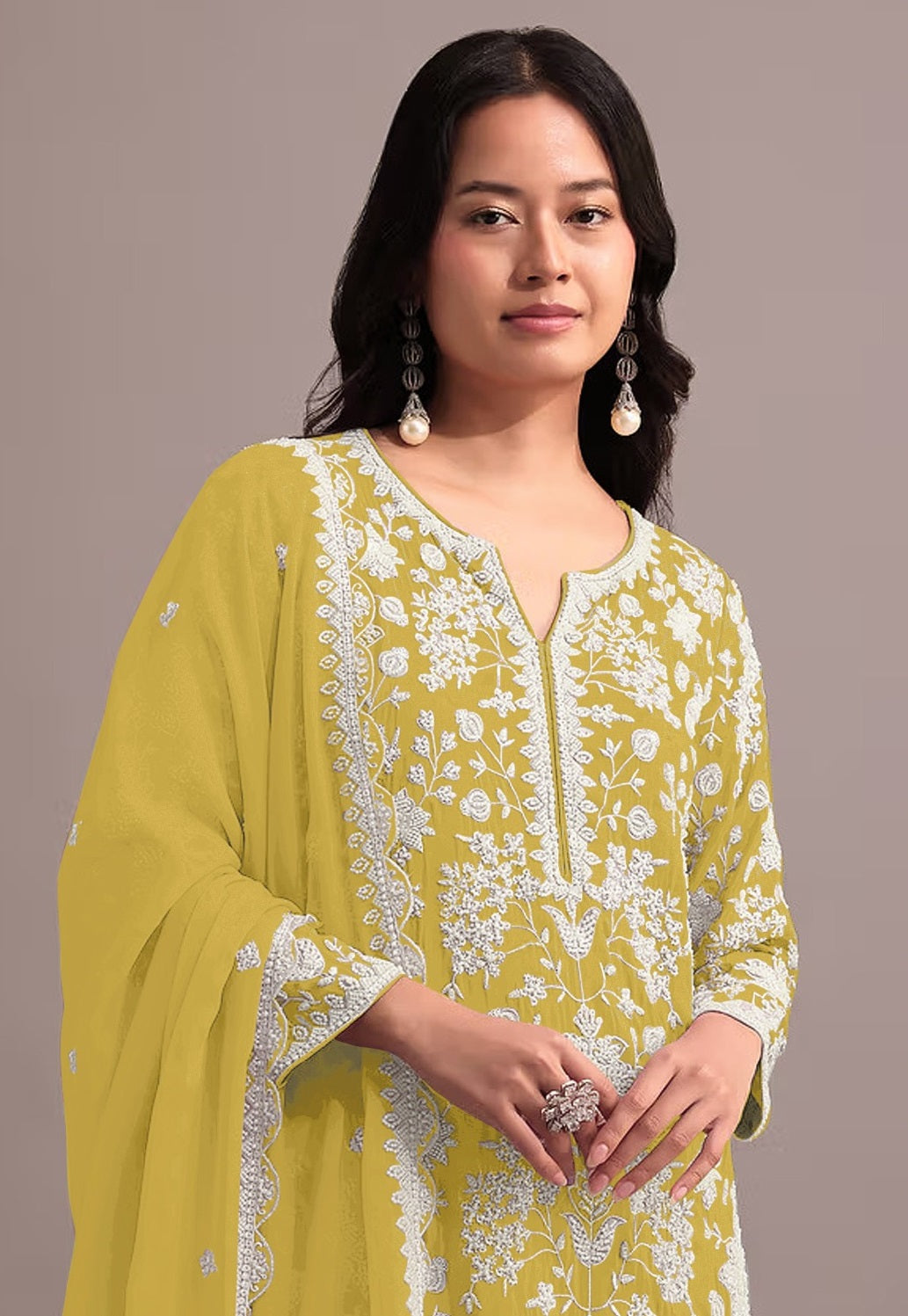 Anaita Yellow Embroidered Faux Georgette Sharara Suit - Distacart