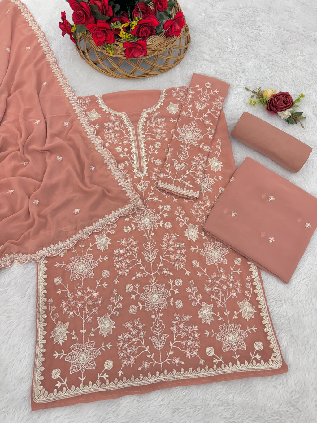 Anaita Peach Embroidered Faux Georgette Sharara Suit - Distacart