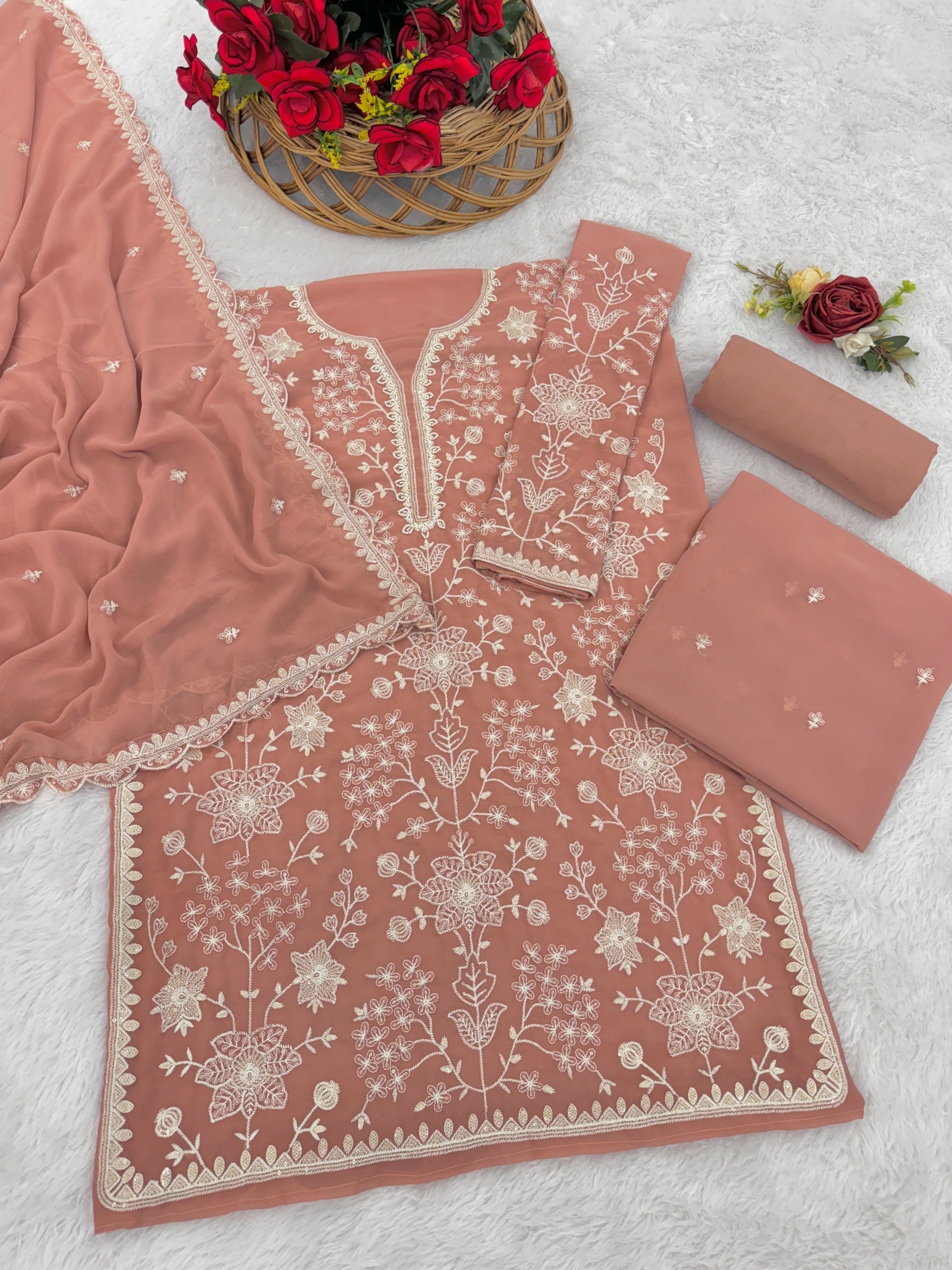 Anaita Peach Embroidered Faux Georgette Sharara Suit - Distacart