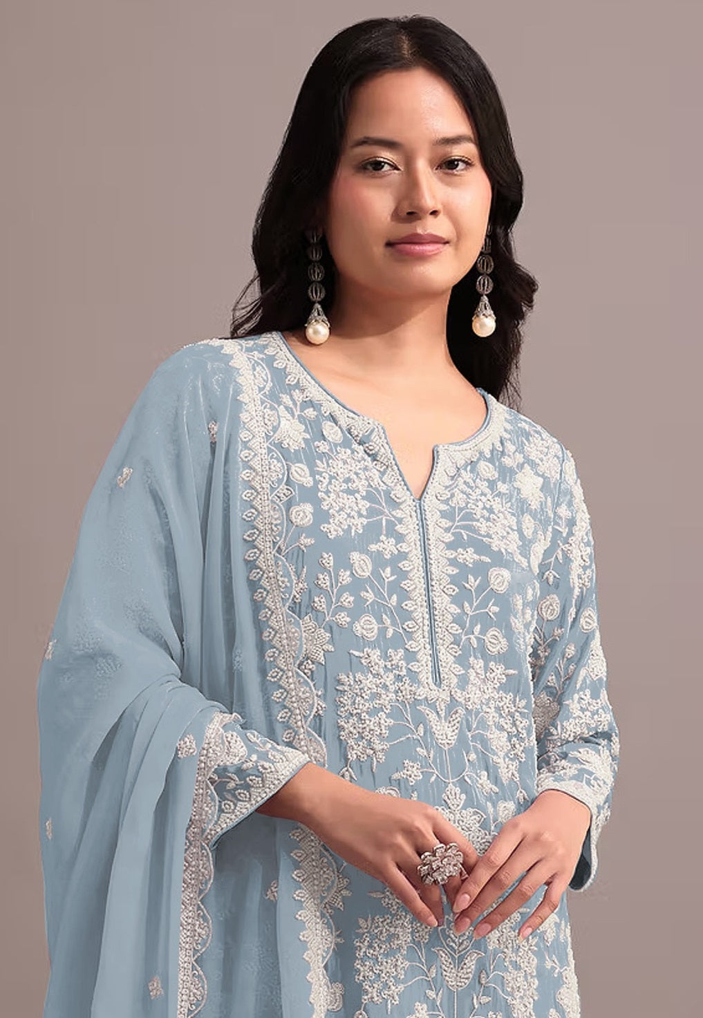 Anaita Sky Blue Embroidered Faux Georgette Sharara Suit - Distacart