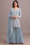 Anaita Sky Blue Embroidered Faux Georgette Sharara Suit - Distacart