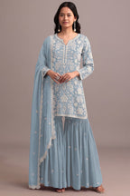 Anaita Sky Blue Embroidered Faux Georgette Sharara Suit - Distacart