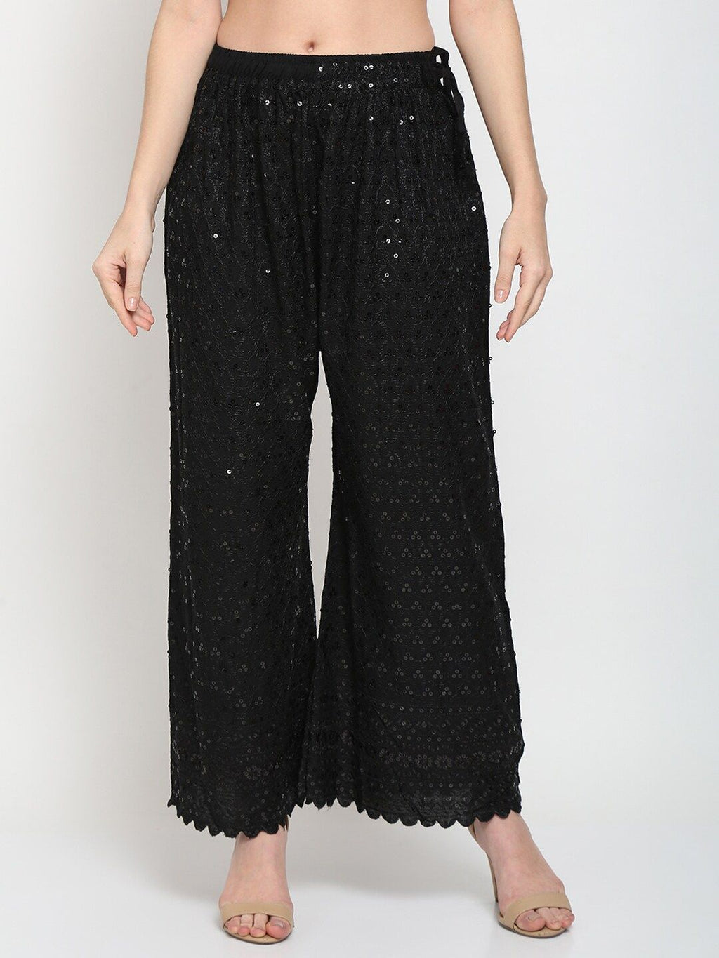 TAG 7 Women Black Ethnic Motifs Embroidered Sequin Flared Ethnic Palazzos