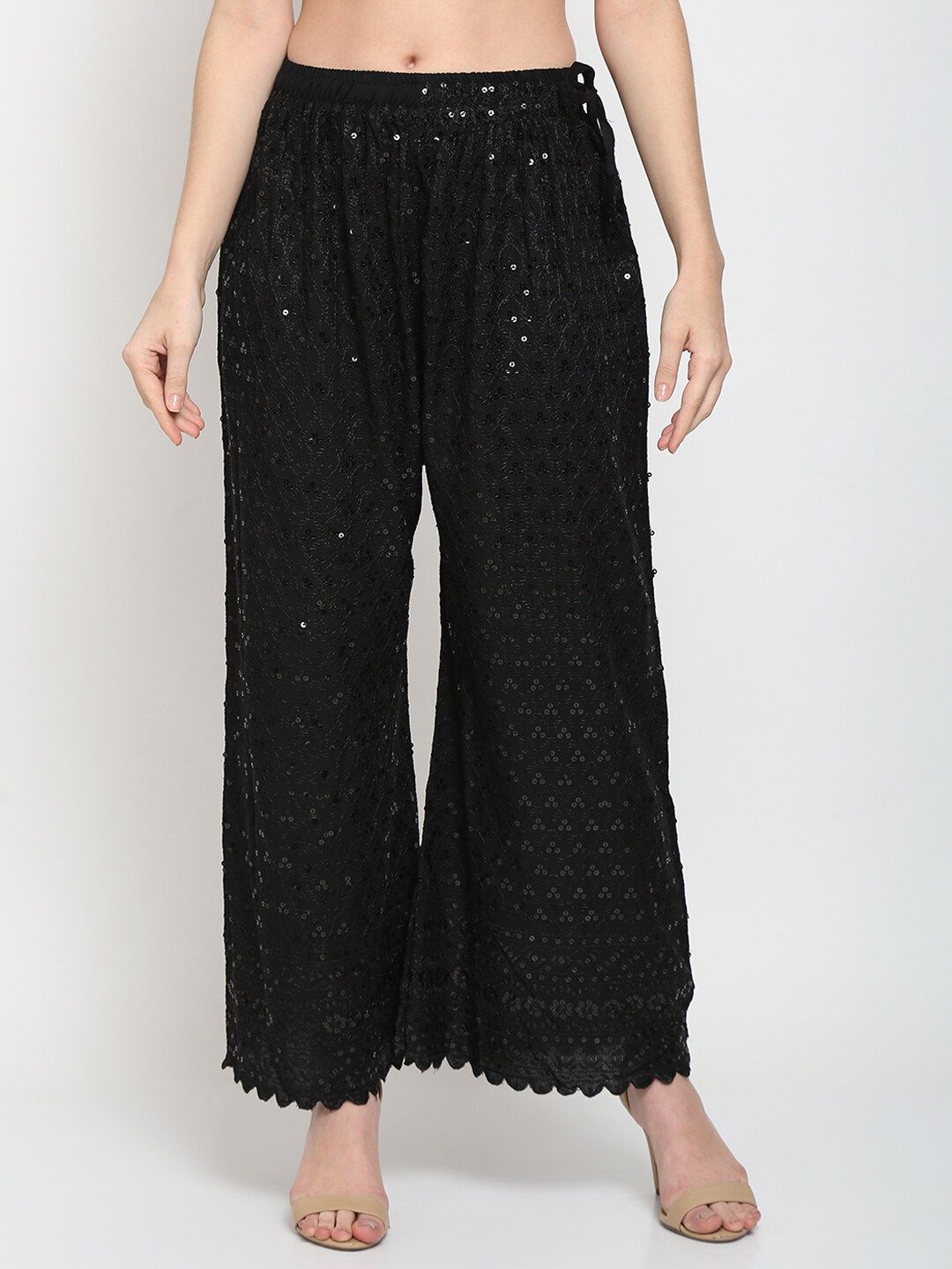 TAG 7 Women Black Ethnic Motifs Embroidered Sequin Flared Ethnic Palazzos