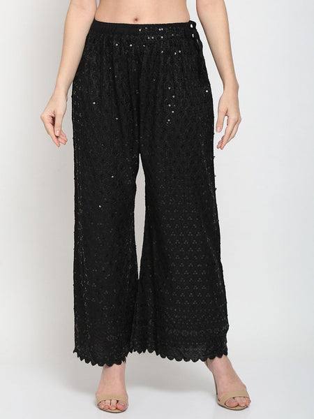 TAG 7 Women Black Ethnic Motifs Embroidered Sequin Flared Ethnic Palazzos