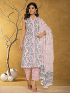Yufta Cotton White Floral Print Kurta Dupatta Set