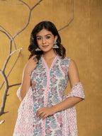 Yufta Cotton White Floral Print Kurta Dupatta Set