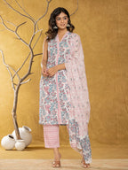 Yufta Cotton White Floral Print Kurta Dupatta Set