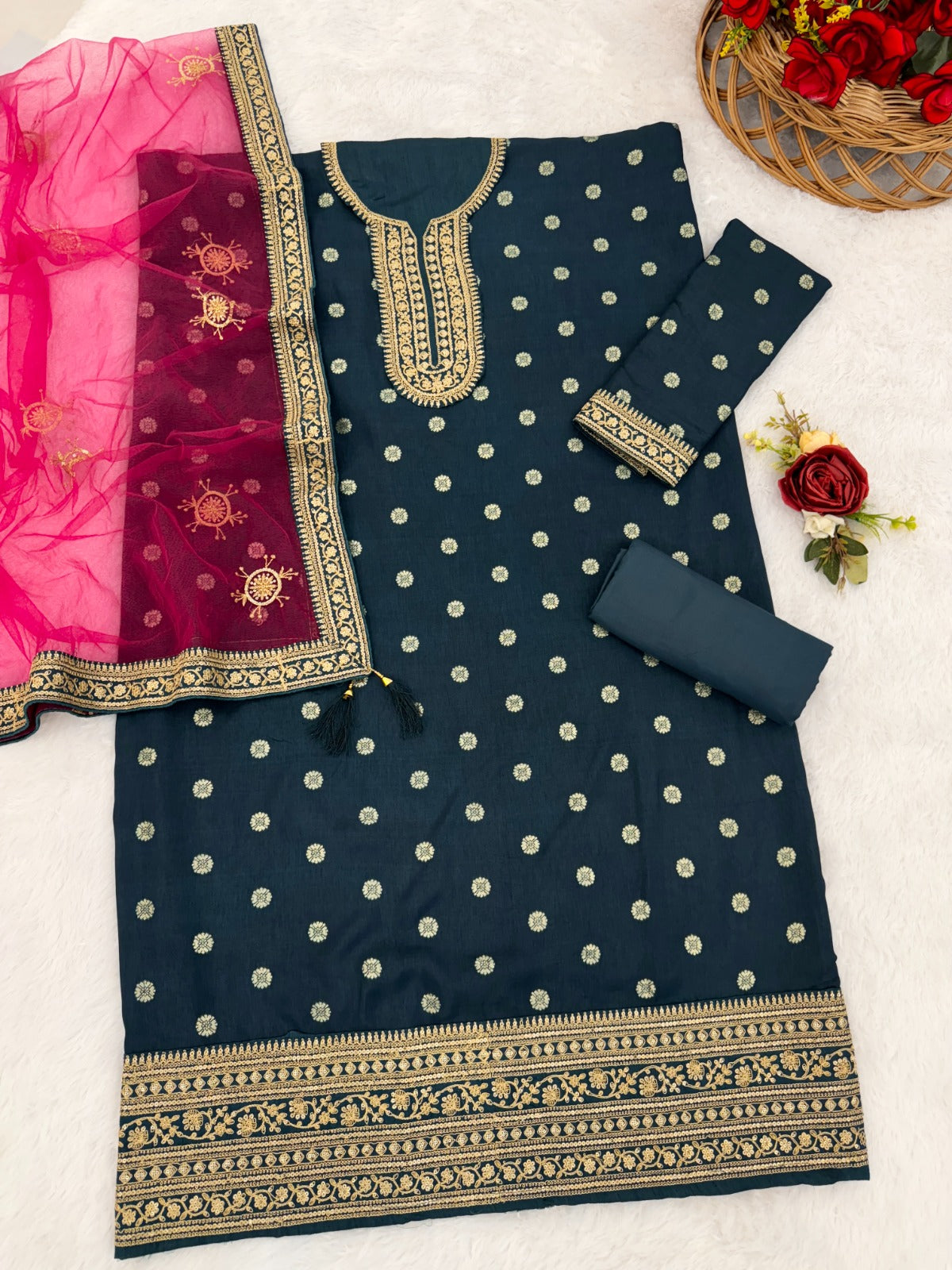 Anaita Navy Blue Embroidered Viscose Patiala Salwar Suit - Distacart