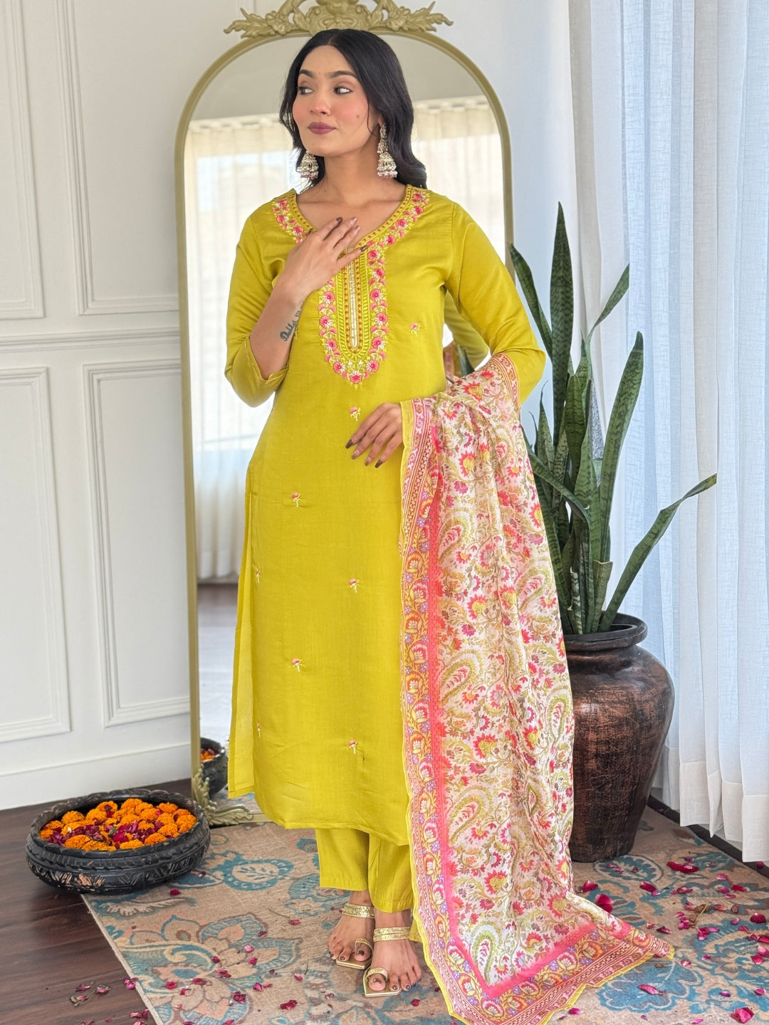 The52 Women's Gorgeous Rayon Embroidery work Straight Kurta with Pant and Dupatta Set - Distacart