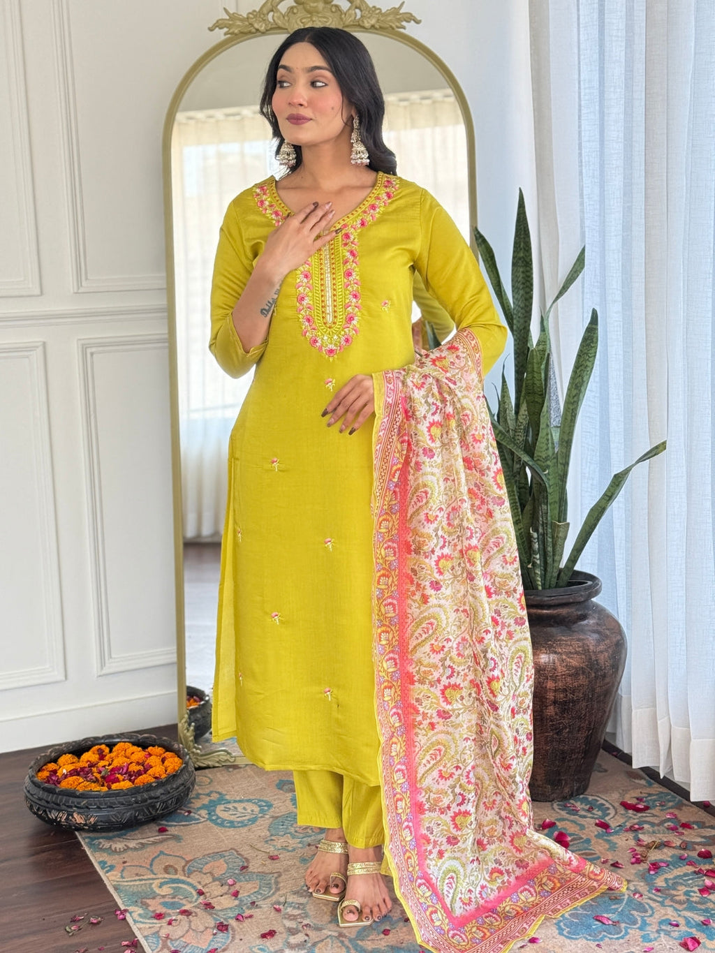 The52 Women's Gorgeous Rayon Embroidery work Straight Kurta with Pant and Dupatta Set - Distacart