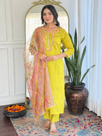 The52 Women's Gorgeous Rayon Embroidery work Straight Kurta with Pant and Dupatta Set - Distacart