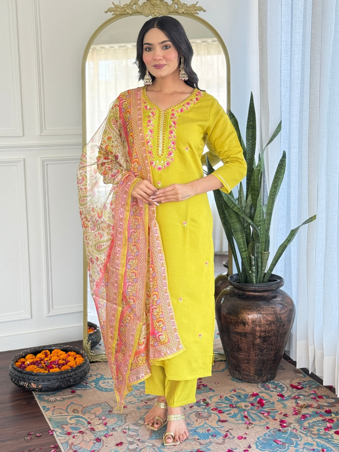 The52 Women's Gorgeous Rayon Embroidery work Straight Kurta with Pant and Dupatta Set - Distacart
