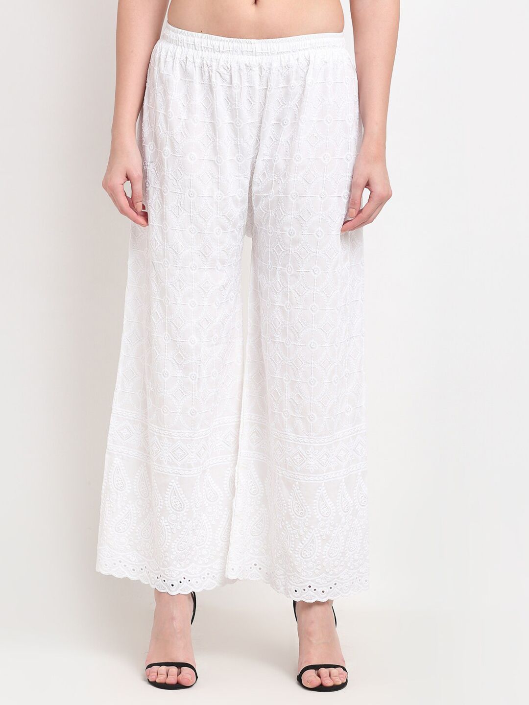 TAG 7 Women White Embroidered Flared Ethnic Palazzos