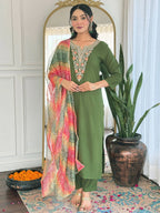 The52 Women's Gorgeous Rayon Embroidery work Straight Kurta with Pant and Dupatta Set - Distacart