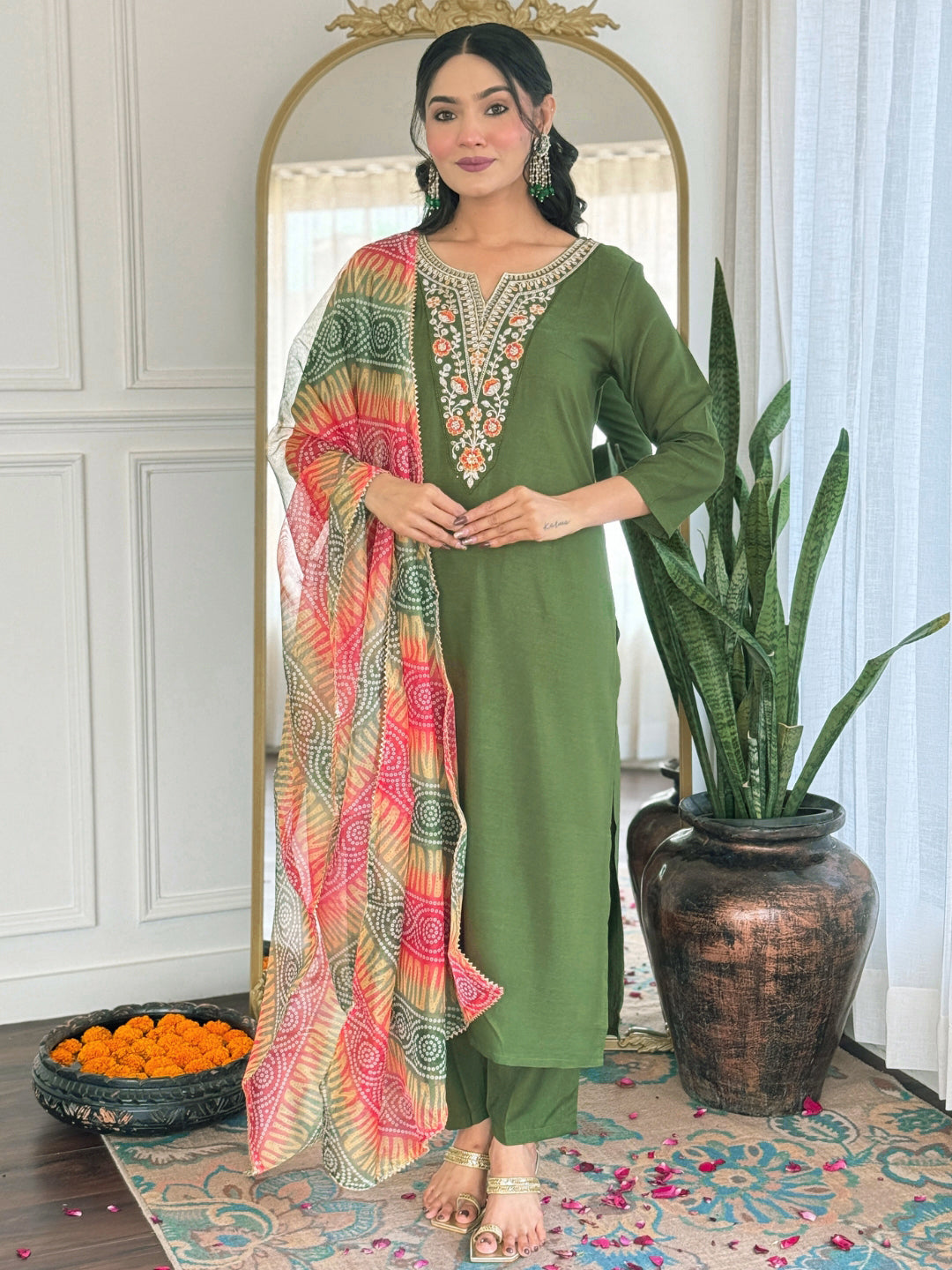 The52 Women's Gorgeous Rayon Embroidery work Straight Kurta with Pant and Dupatta Set - Distacart