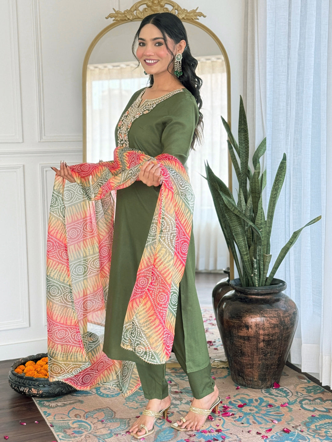 The52 Women's Gorgeous Rayon Embroidery work Straight Kurta with Pant and Dupatta Set - Distacart