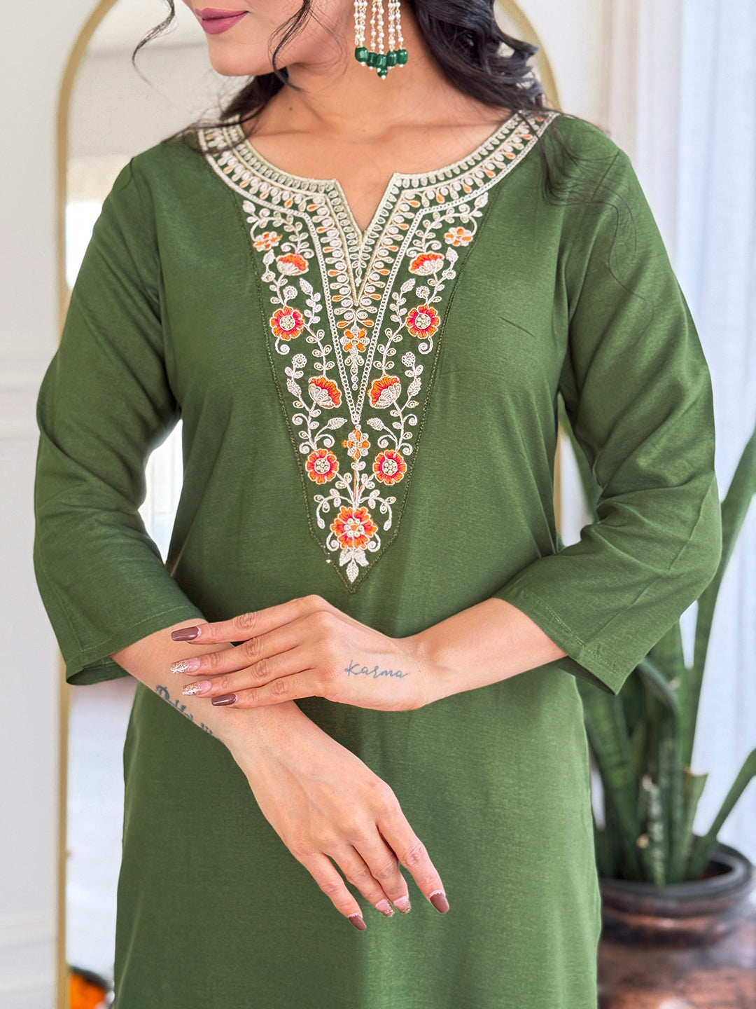 The52 Women's Gorgeous Rayon Embroidery work Straight Kurta with Pant and Dupatta Set - Distacart