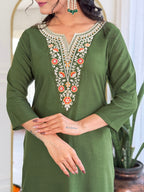 The52 Women's Gorgeous Rayon Embroidery work Straight Kurta with Pant and Dupatta Set - Distacart