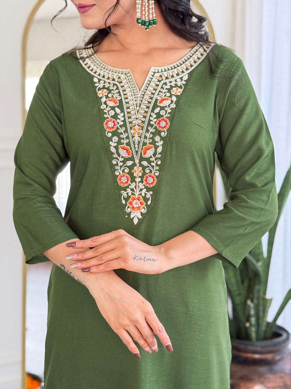 The52 Women's Gorgeous Rayon Embroidery work Straight Kurta with Pant and Dupatta Set - Distacart