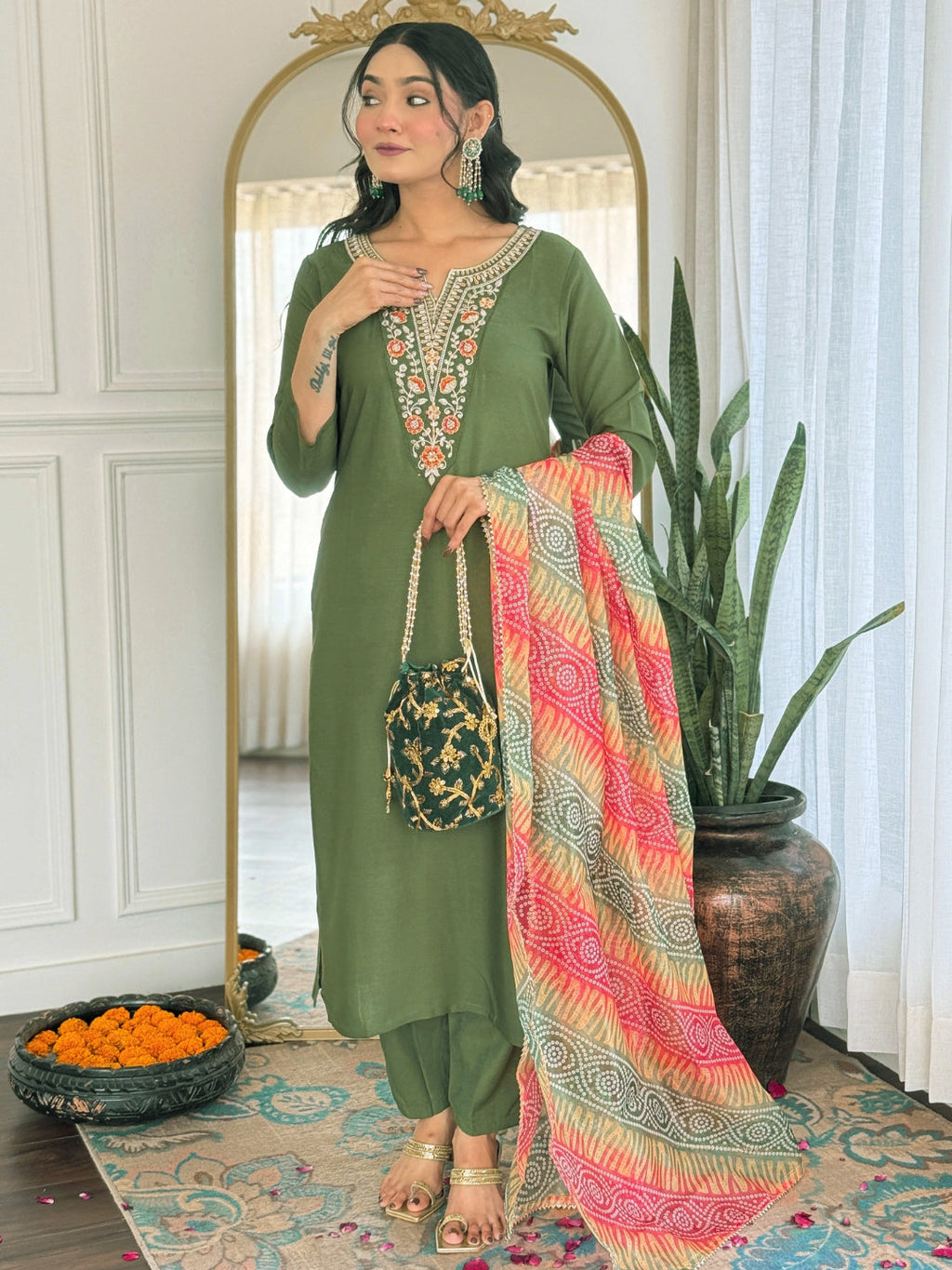 The52 Women's Gorgeous Rayon Embroidery work Straight Kurta with Pant and Dupatta Set - Distacart