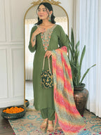The52 Women's Gorgeous Rayon Embroidery work Straight Kurta with Pant and Dupatta Set - Distacart