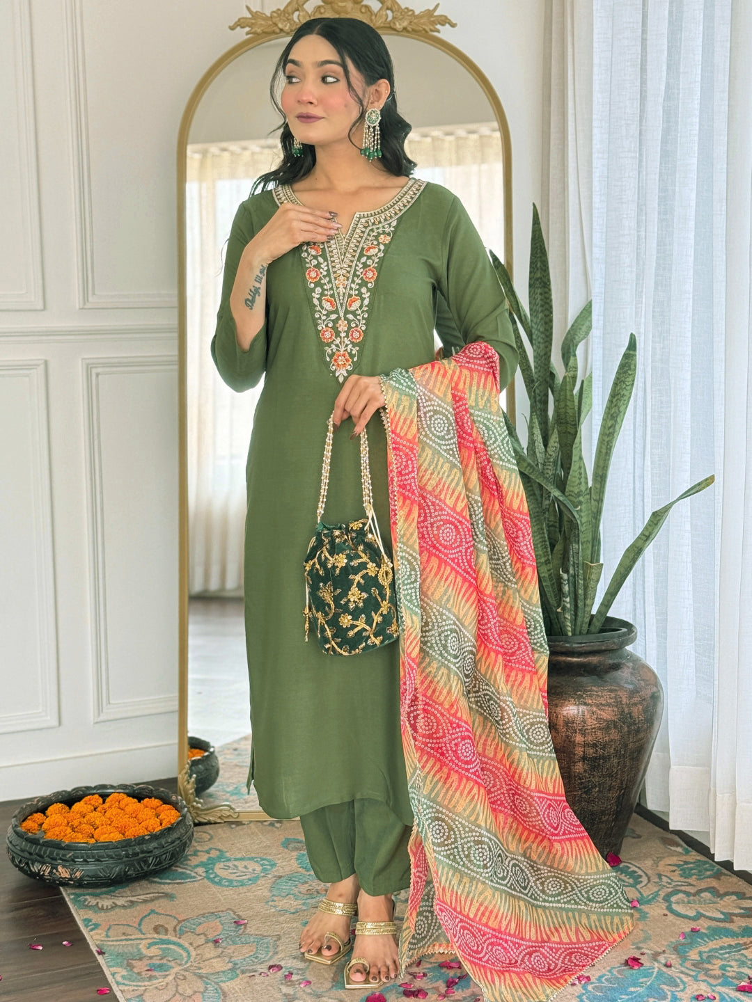 The52 Women's Gorgeous Rayon Embroidery work Straight Kurta with Pant and Dupatta Set - Distacart