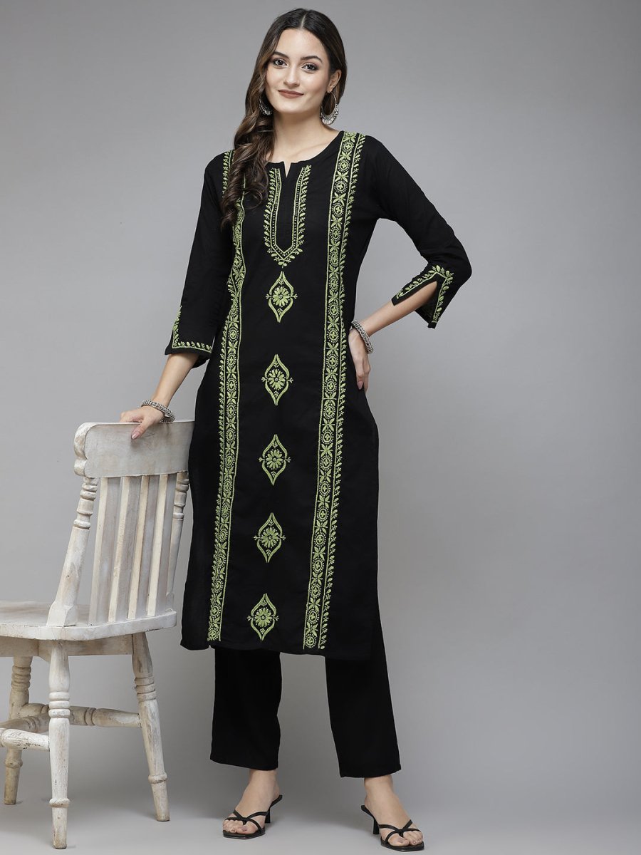 ADA Women Black & Green Ethnic Motifs Embroidered Chikankari Handloom Handloom Kurta