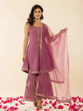 Yufta Purple Shoulder Straps Neck Sleeveless Regular Thread Work Kurta With Sharara With Dupatta Set