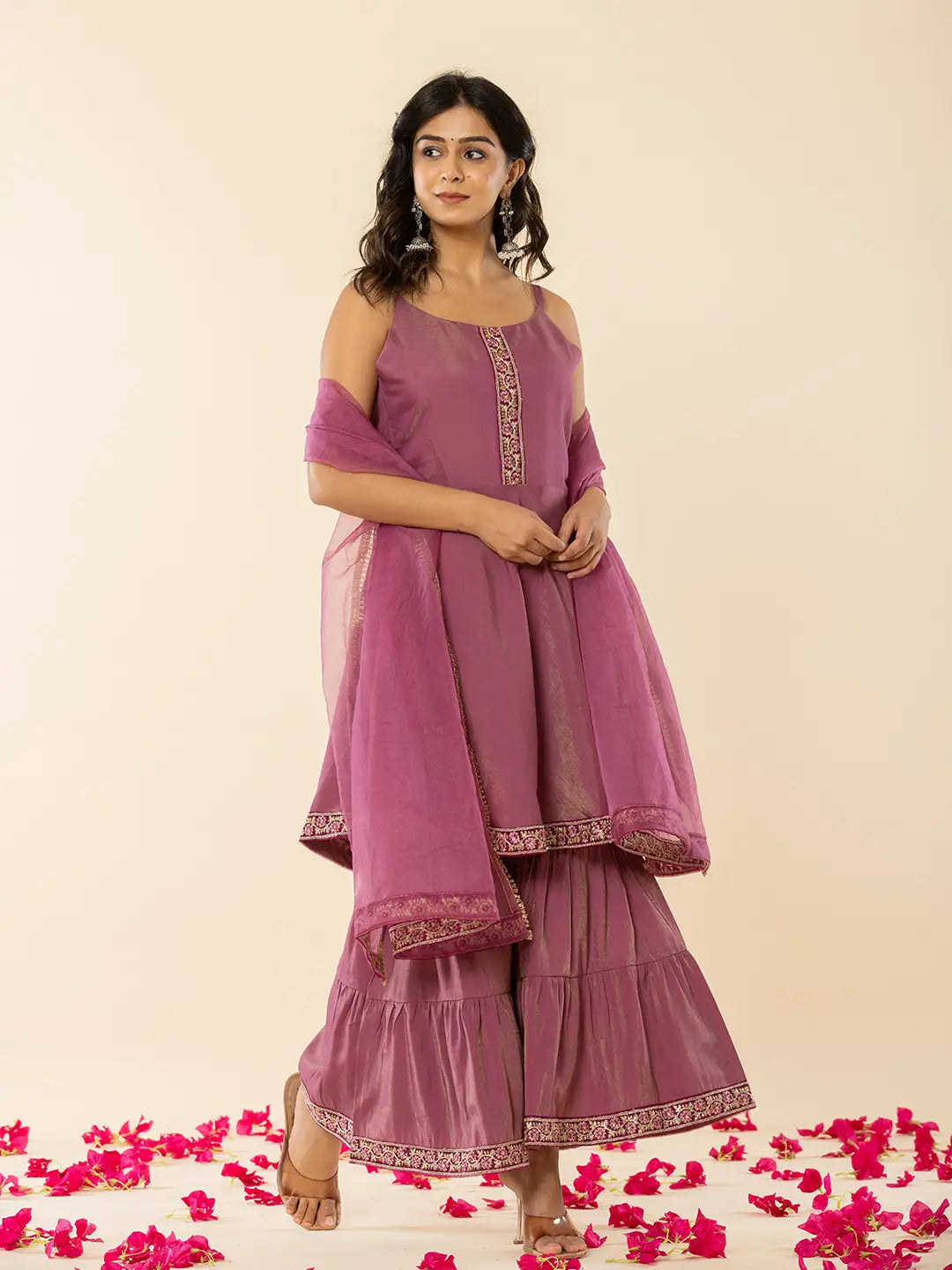 Yufta Purple Shoulder Straps Neck Sleeveless Regular Thread Work Kurta With Sharara With Dupatta Set