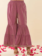 Yufta Purple Shoulder Straps Neck Sleeveless Regular Thread Work Kurta With Sharara With Dupatta Set