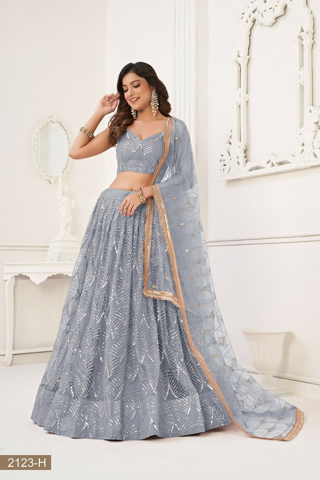 Eilara Glamorous Light Grey Net With Sequins And Thread Embroidery Real Mirror Work Lehenga Choli For Wedding