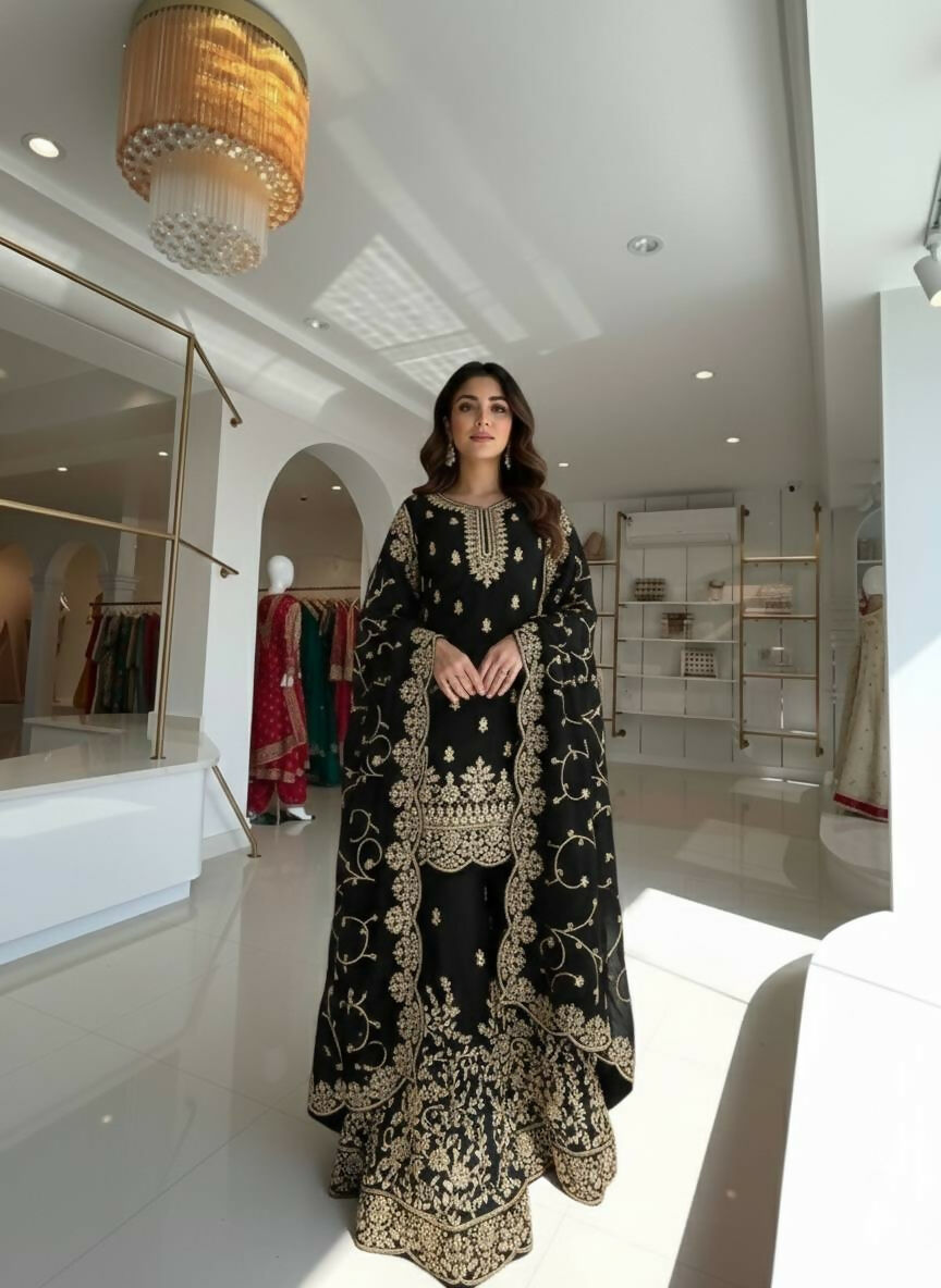 Teeya Creation Black Pure Silk Gimmy Silk Heavy Embroidery Work Wedding Wear Palazzo Pair - Distacart