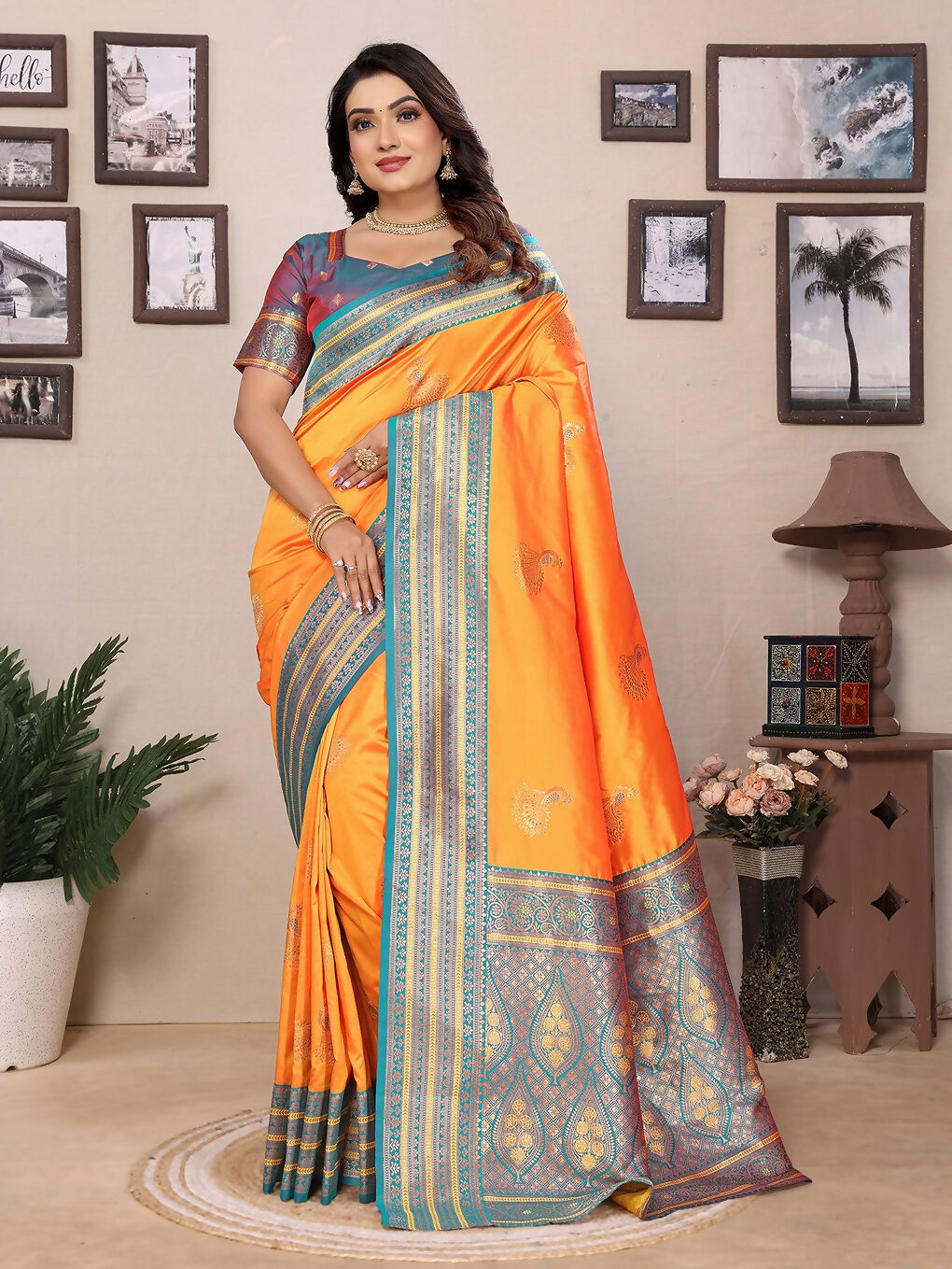 Joban Fashion Banarasi Orange Small Butti Soft Silk Saree - Distacart