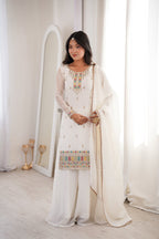 Lorenvalley Fashion White Crunchy Silk with Embroidery Sequence, Dori, Jari Work Kurta Palazzo with Dupatta - Distacart