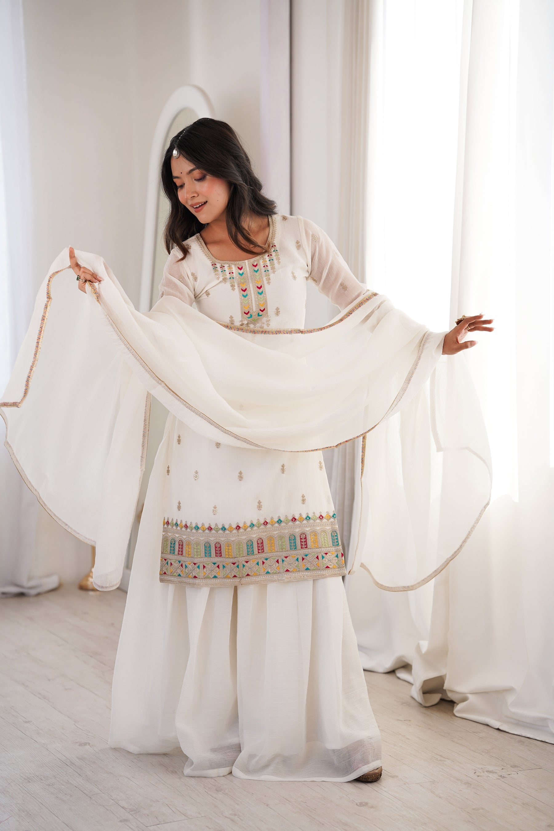 Lorenvalley Fashion White Crunchy Silk with Embroidery Sequence, Dori, Jari Work Kurta Palazzo with Dupatta - Distacart