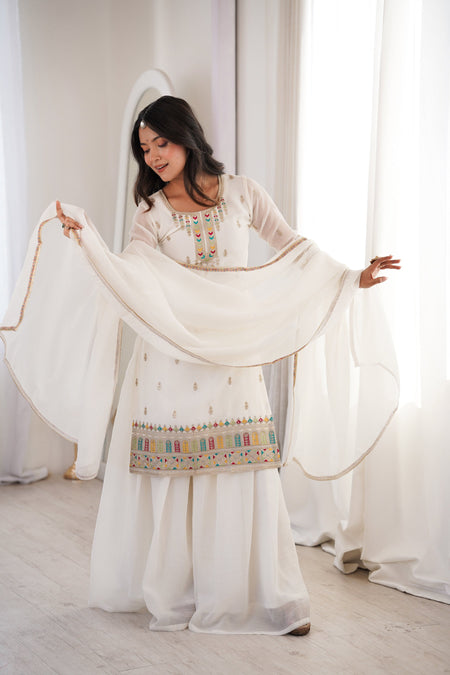 Lorenvalley Fashion White Crunchy Silk with Embroidery Sequence, Dori, Jari Work Kurta Palazzo with Dupatta