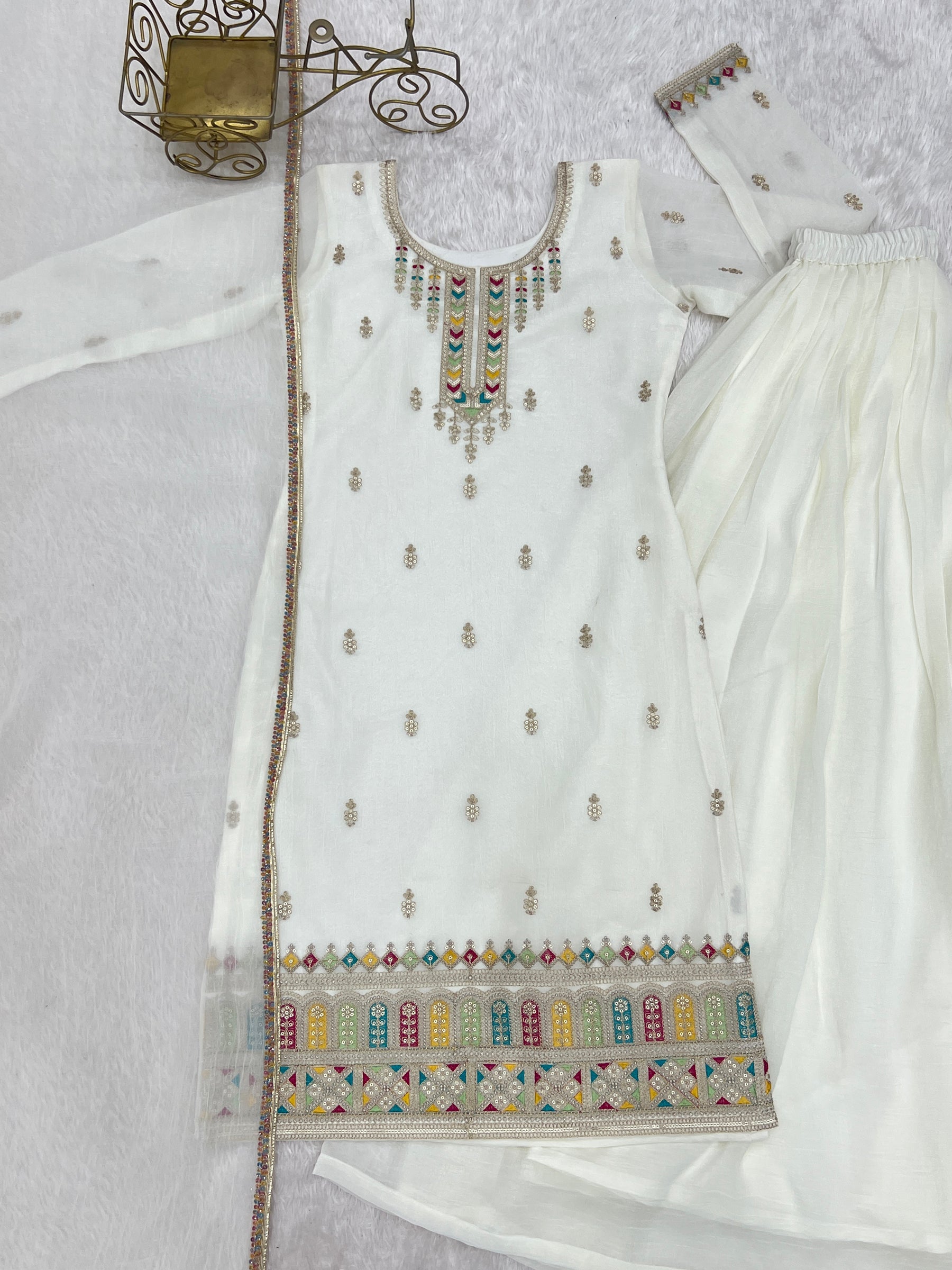 Lorenvalley Fashion White Crunchy Silk with Embroidery Sequence, Dori, Jari Work Kurta Palazzo with Dupatta - Distacart