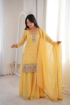 Lorenvalley Fashion Yellow Crunchy Silk with Embroidery Sequence, Dori, Jari Work Kurta Palazzo with Dupatta - Distacart