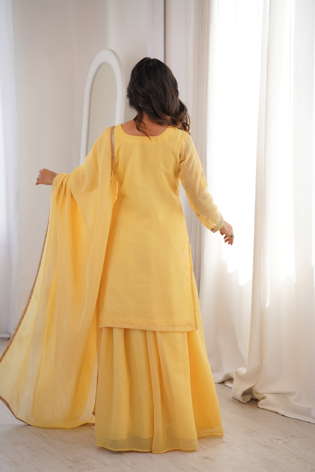 Lorenvalley Fashion Yellow Crunchy Silk with Embroidery Sequence, Dori, Jari Work Kurta Palazzo with Dupatta - Distacart