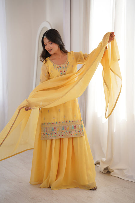 Lorenvalley Fashion Yellow Crunchy Silk with Embroidery Sequence, Dori, Jari Work Kurta Palazzo with Dupatta