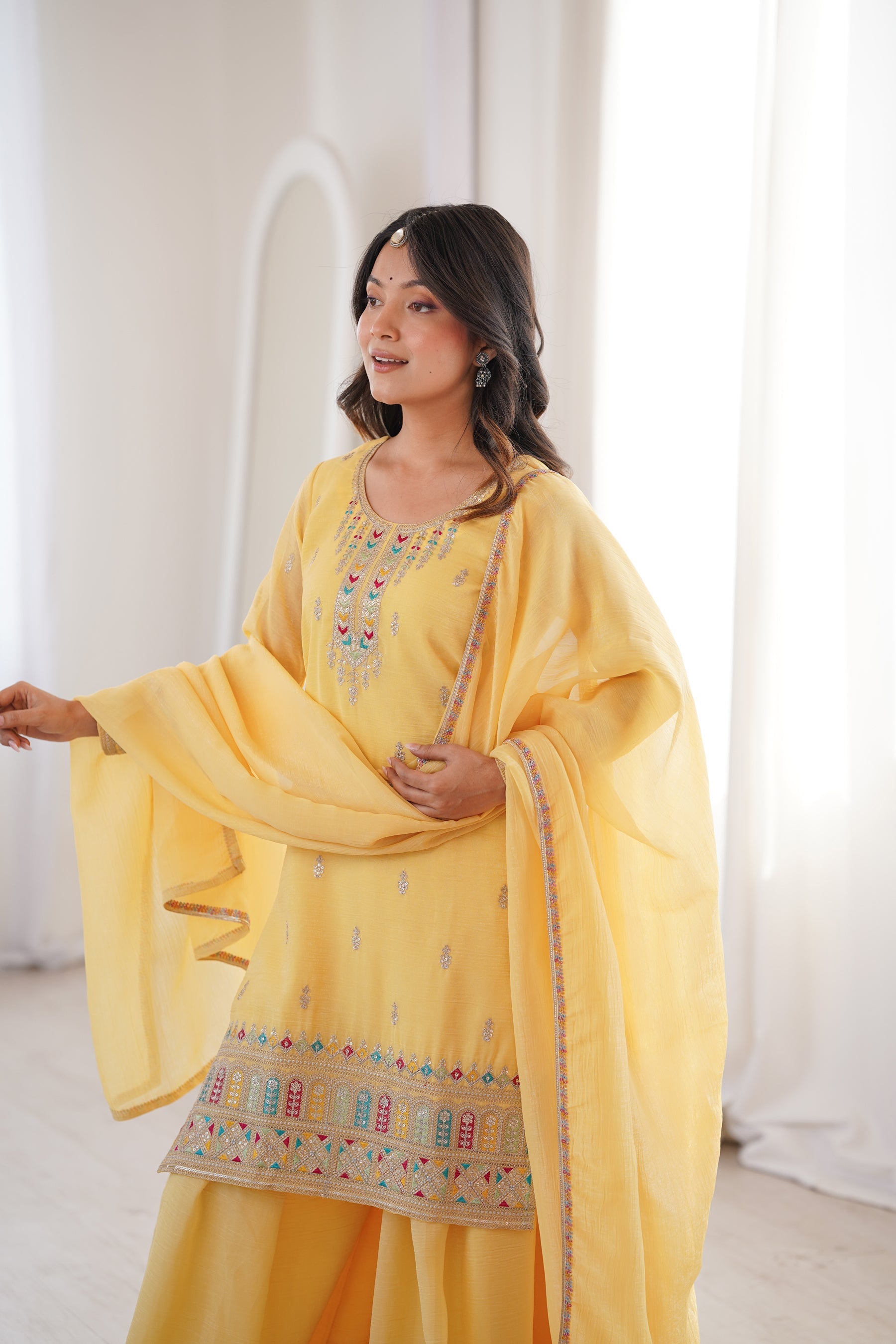 Lorenvalley Fashion Yellow Crunchy Silk with Embroidery Sequence, Dori, Jari Work Kurta Palazzo with Dupatta - Distacart