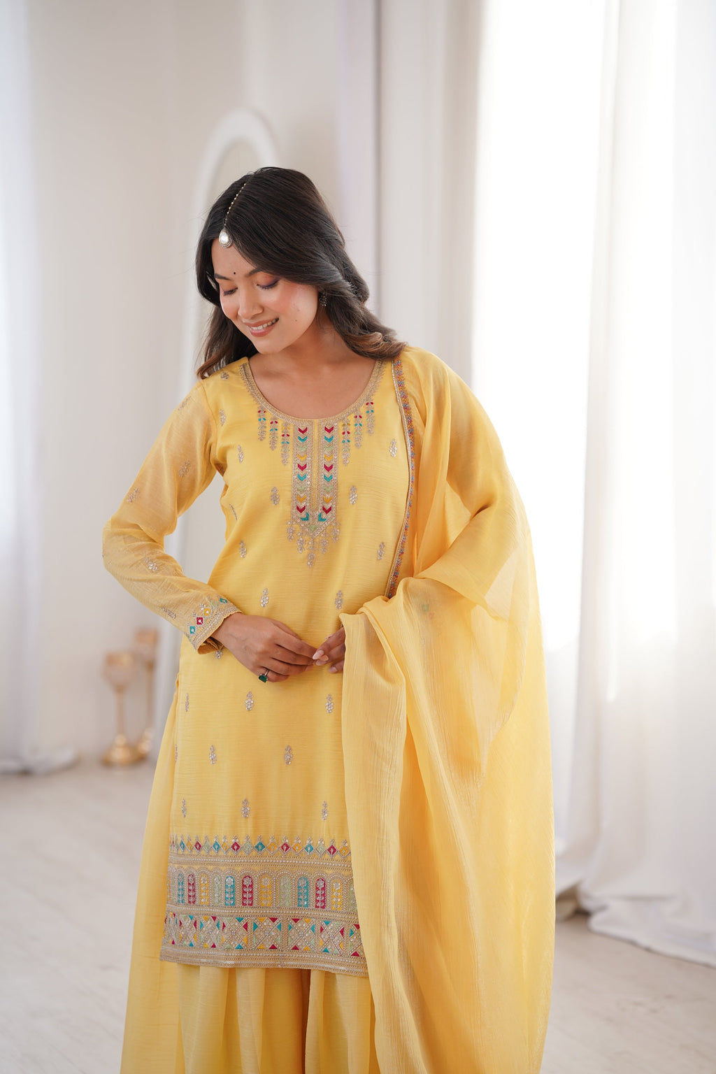 Lorenvalley Fashion Yellow Crunchy Silk with Embroidery Sequence, Dori, Jari Work Kurta Palazzo with Dupatta - Distacart