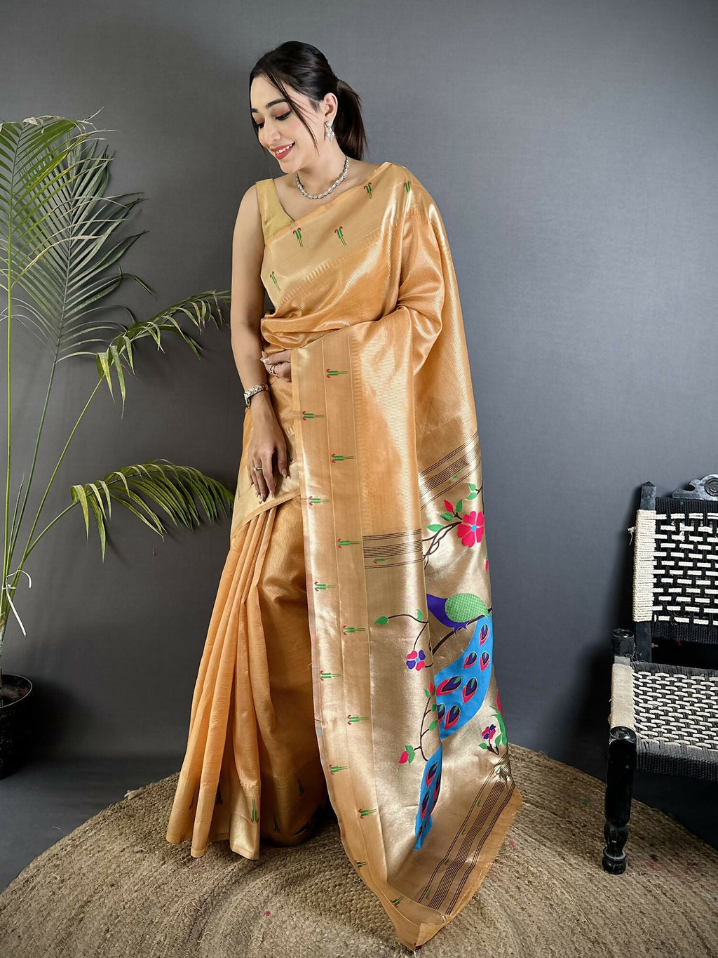Joban Fashion Gold Yellow Peacock & Floral Motifs Tissue Paithani Saree - Distacart