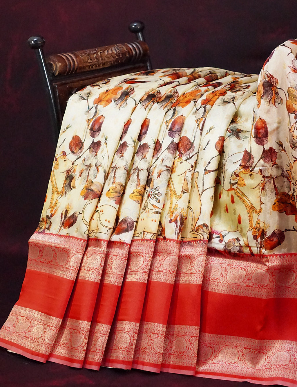Milk White Banaras Border Pichwai Design Banarasi Semi Silk Saree By Gayathri Reddy Designer Studio